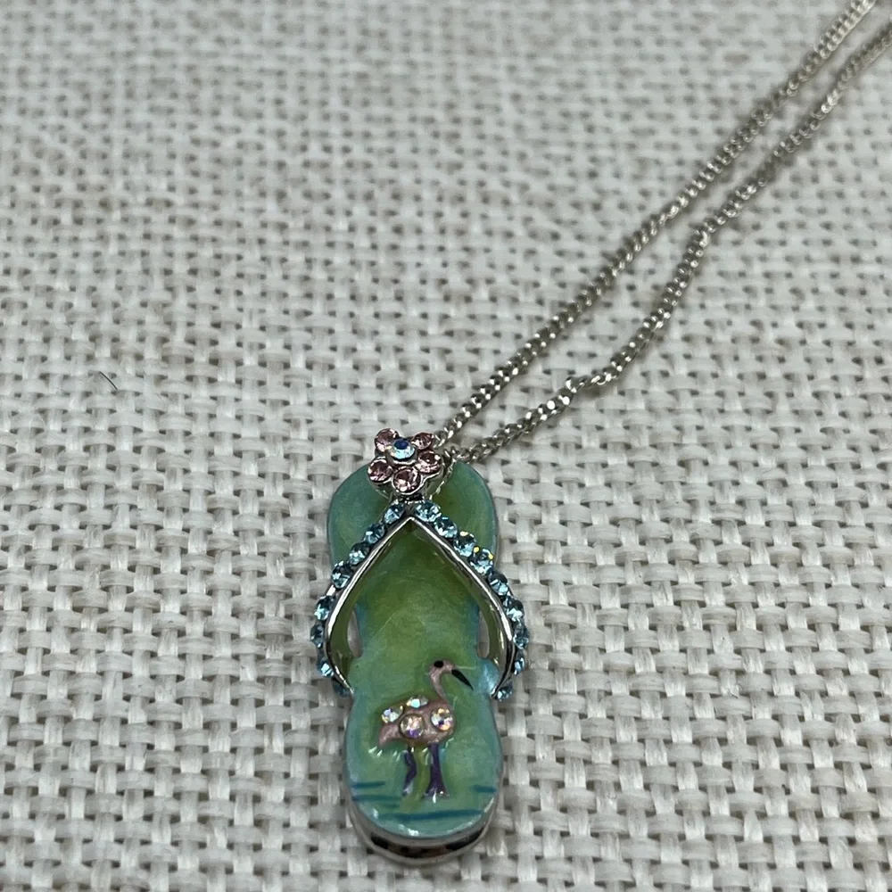 Vintage Sterling Silver Flip-Flop Pendant Necklace with Flamingo & Crystals, 18” - Picture 6 of 15